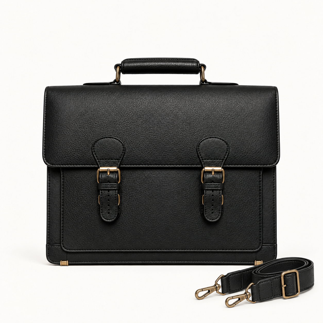 Men's Classic Black Leather Briefcase – Vintage Double Buckle Business & Laptop Bag Gallery